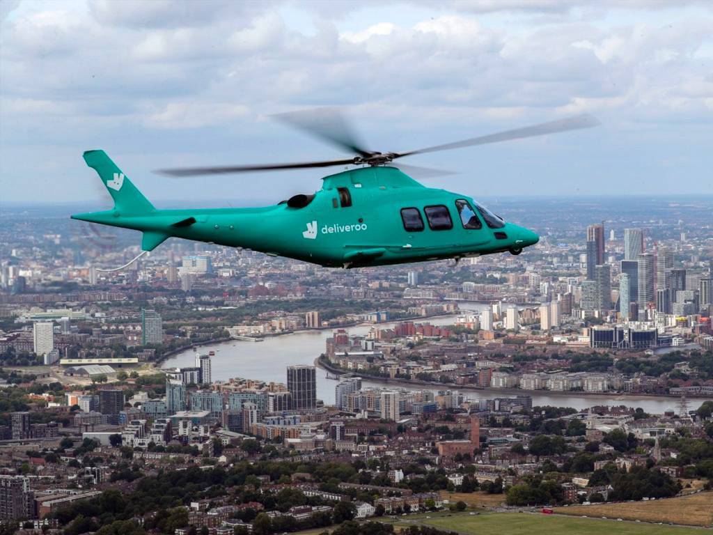 A Leonardo AW109 helicopter has been fully wrapped in Deliveroo’s teal-colored branding and transformed into “Roocopter One.” Charter-A Ltd Photo