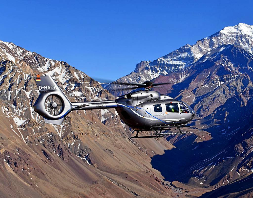 The five-bladed H145 during a September flight in the Andes mountain range. The aircraft landed on Aconcagua, the highest mountain the Southern Hemisphere. Anthony Pecchi Photo