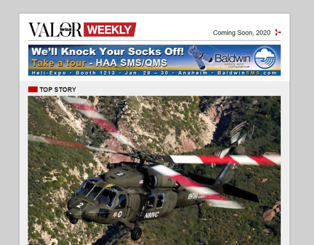 MHM Publishing’s Valor Weekly e-newsletter focuses specifically on the parapublic and military helicopter sectors. MHM Image