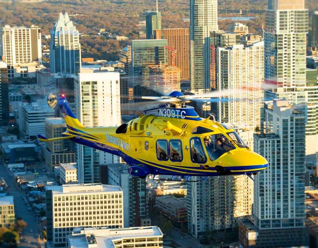One of STAR Flight’s three AW169s on duty and ready to serve over downtown Austin, Texas. Dan Megna Photo