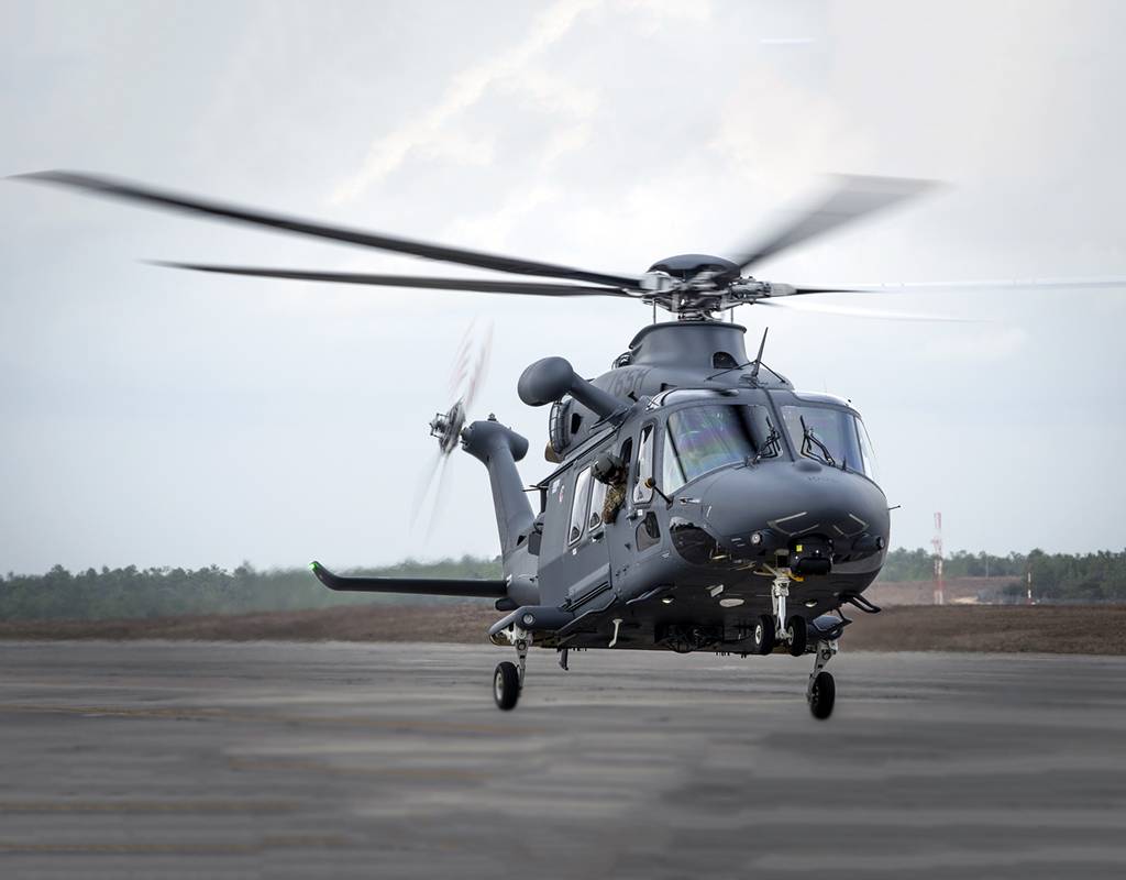 The Air Force’s newest helicopter, the MH-139A Grey Wolf, lifts off from the flightline for its first combined test flight at Eglin Air Force Base, Florida, Feb. 11, 2020. The Grey Wolf is set to replace the Air Force’s UH-1N Huey fleet. U.S. Air Force/Samuel King Jr. Photo