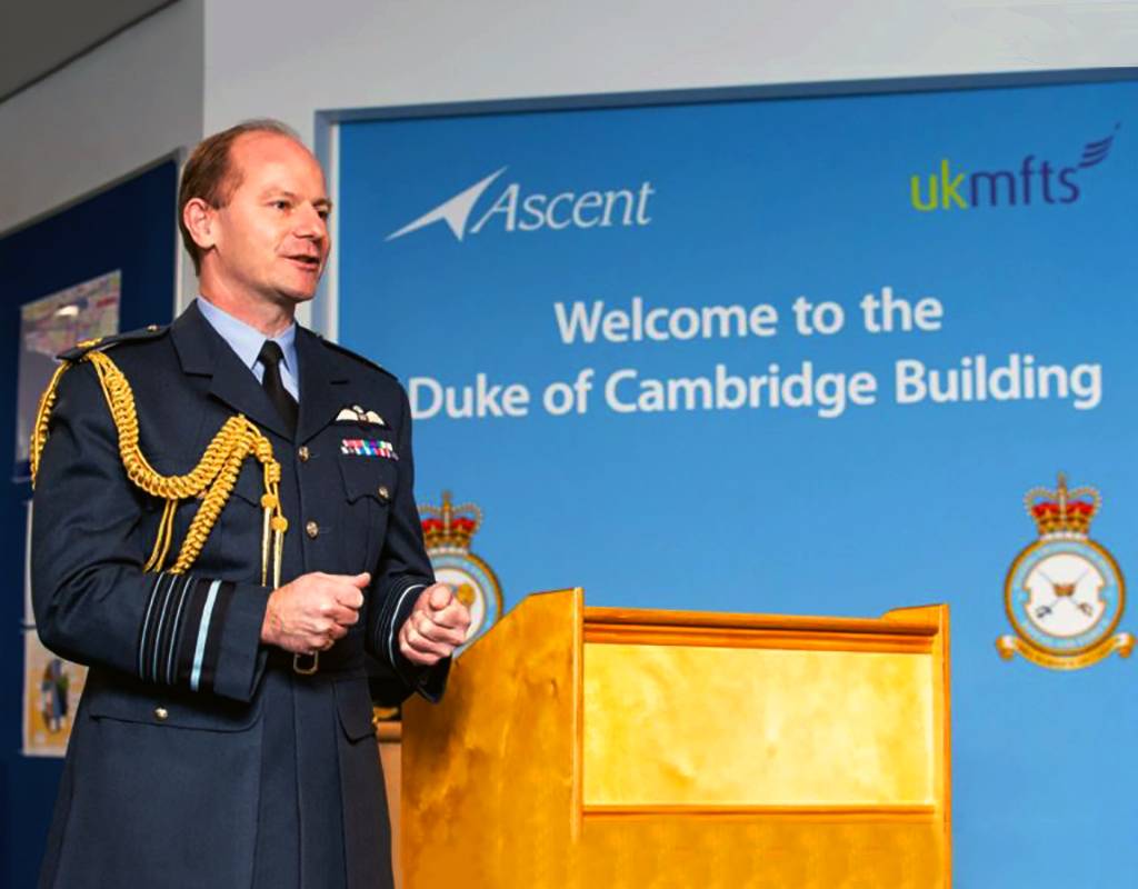 Air Chief Marshal Wigston, Chief of the Air Staff, addresses guests and staff at the official naming of The Duke of Cambridge building as part of No. 1 Training School at RAF Shawbury in Shropshire. RAF Photo