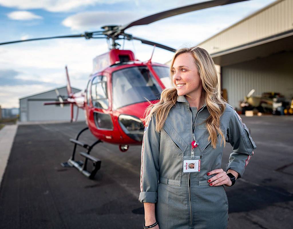 Samantha Poirier went from flying air tours to becoming a HEMS pilot with UCHealth LifeLine, where she is the organization’s first and only female pilot. Photo courtesy of e.Moon Photography