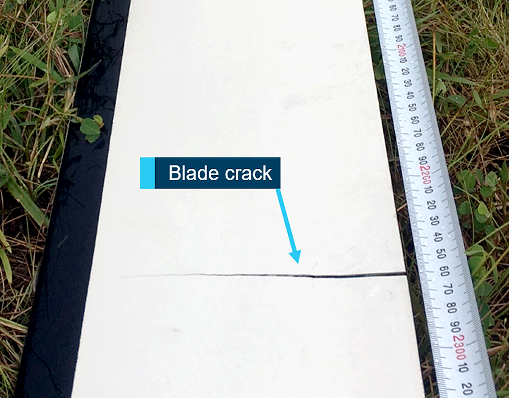 Analysis identified that the fatigue crack initiated at the trailing edge bond line and propagated through both the upper and lower blade skins until terminating at the leading edge D-spar. ATSB Photo