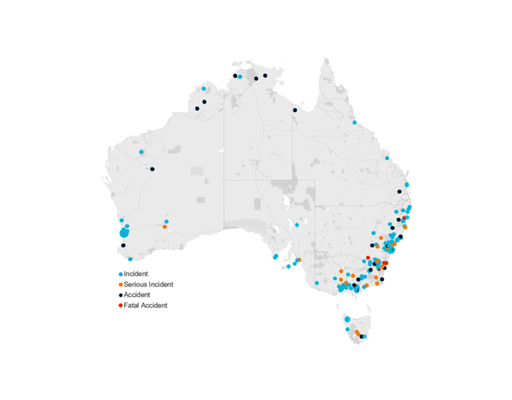 An ATSB released map showcasing where each occurrence took place. ATSB Image