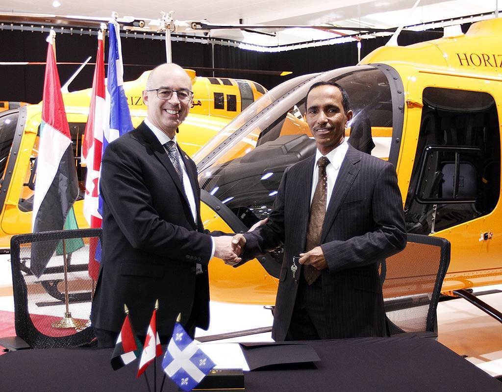 A representative of Horizon at the delivery ceremony of the academy’s Bell 505 fleet in Mirabel, Quebec. Bell Photo