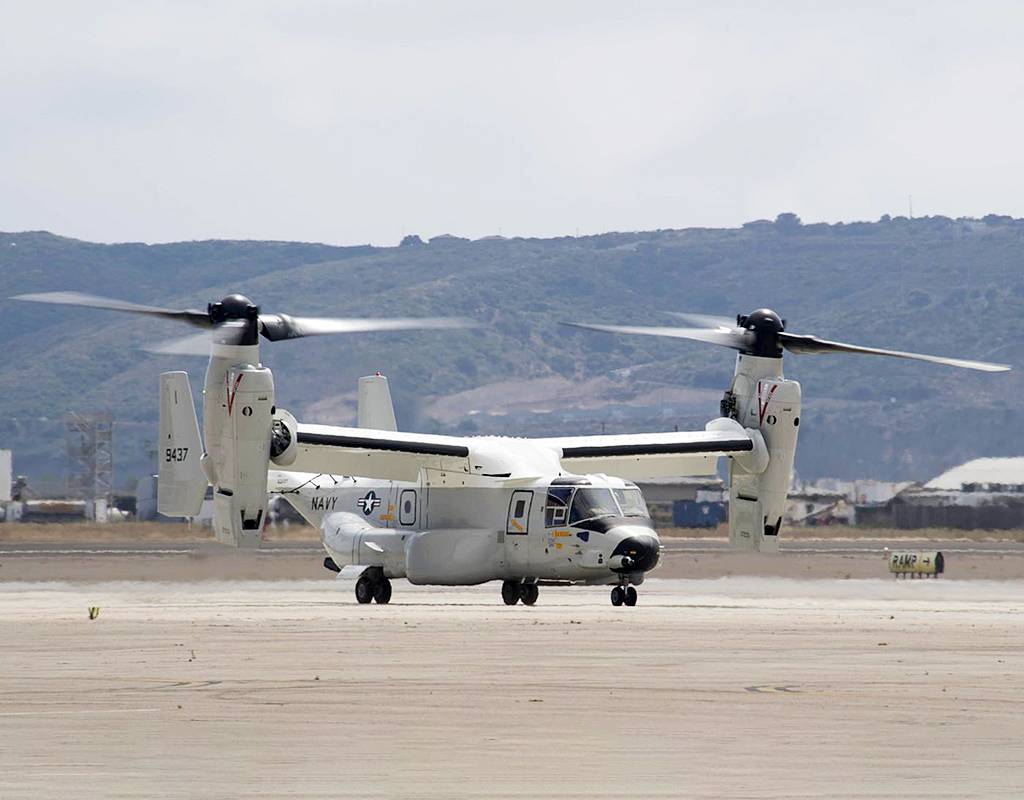 The first CMV-22B Osprey assigned to Fleet Logistics Multi-Mission Squadron (VRM) 30 lands at Naval Air Station North Island. U.S. Navy Mass Communication Specialist 2nd Class Chelsea D. Meiller Photo