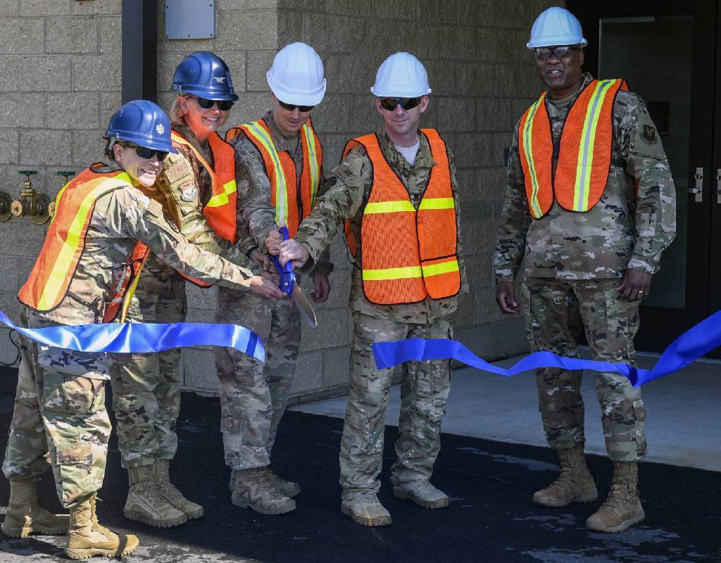 Leadership of the 341st Missile Wing cut a ribbon during the ceremony for the new Tactical Response Force/Helicopter Operations Alert Facility on Aug. 4, 2020, at Malmstrom Air Force Base, Montana. U.S. Air Force/Devin Doskey Photo