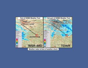 A representation of the radar returns that were available on the HEMS Weather Tool at the time of the Survival Flight accident, left, alongside more complete Terminal Doppler Weather Radar data. NTSB Image