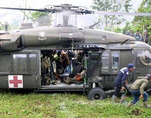 An HH-60 Black Hawk assigned to the 1-228th Aviation Regiment, JTF-Bravo, gets ready to evacuate four medically vulnerable Guatemalan citizens from a village in Quiche, Guatemala to the nearest health center, Nov. 8. Courtesy Photo