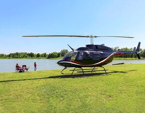 Meridian’s exterior refurbishment of the Bell 206L3 includes a modern three-tone paint scheme, wire strike protection, cargo hook provisions, and an inlet barrier filter system. Meridian Photo