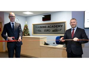 Simon P Jones, VP of customer support and training at Leonardo Helicopters (UK), and Gary Wilshaw, head of training UK at Leonardo Helicopters (UK), cut the ribbon marking the official opening of the upgraded facilities at the Training Academy in Yeovil. Leonardo Photo