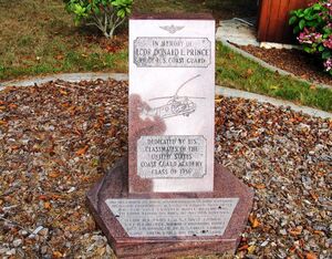 A memorial stands to remember and honor Lt. Cdr. Donald L. Price, a Coast Guard Air Station San Francisco HH-52 helicopter pilot, in Humboldt Bay, Calif., September 25, 2008. Price, his fellow crewmembers and passengers were lost in a crash during a storm in 1964. U. S. Coast Guard Photo