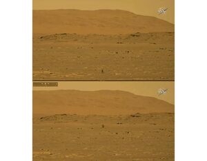 These screen captures, taken from a video recorded by NASA’s Perseverance rover, show the Ingenuity aircraft on the ground (top) and performing its first flight (bottom).