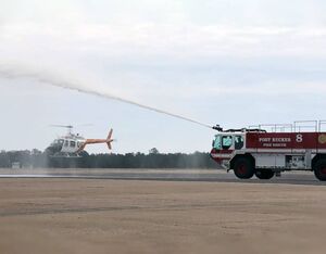 The fire department at Cairns gives one of the TH-67s at the ceremony a farewell hose down. This aircraft has the distinction of being the first TH-67 at Fort Rucker, arriving in 1993. Jim Hughes Photo