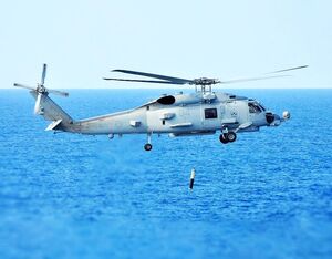 The Royal Australian Navy’s MH-60R Romeo helicopter conducts functional testing of the newly fitted Airborne Low Frequency Sonar System (ALFS) off the coast of Jacksonville, Florida. APA Photo
