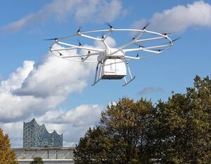 The VoloDrone is 9.15 meters in diameter, 2.15 meters tall, and has a 600-kilogram maximum take-off weight (MTOW). Volocopter Photo