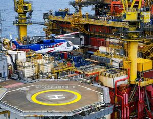 A Bristow S-92 flies over the Equinor Statfjord B platform, which is one of the oldest producing fields on the Norwegian continental shelf, and the largest oil discovery in the North Sea. Bristow Photo
