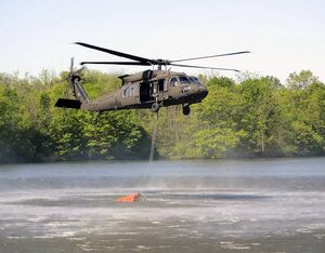 During the May 11 training exercise, National Guard helicopters crews took water from Memorial Lake and dropped it in Fort Indiantown Gap’s training corridor. Staff Sgt. Zane Craig for U.S. Army National Guard Photo