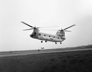 Chinook’s prototype, the YCH-1B, takes its first flight in 1961. Boeing Archives