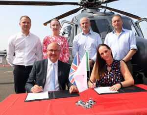 The agreement between Specialist Aviation Services and EHAAT for EHAAT’s second AW169 took place at the Farnborough International Airshow. Leonardo Photo