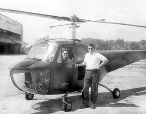 Bentley sits in a Bell 47B at New England Helicopter Service in Providence, Rhode Island, during his flight training in 1948.