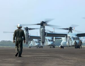 U.S. Marine Corps MV-22B Ospreys assigned to Marine Medium Tiltrotor Squadron 363 (VMM-363), 1st Marine Aircraft Wing, arrive at Subic Bay International Airport ahead of Balikatan 22 in the Philippines Chief Warrant Officer 2 Trent Randolph for U.S. Marine Corps Photo