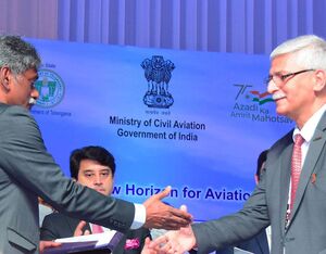 Mr. Sanjeev Razdan, CMD, PHL (right) and Mr. S Anbuvelan, CEO, Helicopter Complex, HAL (left) exchanging the intent of cooperation documents in the presence of Mr. Jyotiraditya M. Scindia, Minister of Civil Aviation (center). HAL Photo