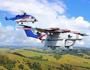 The Chaparral will carry 300–500 pounds (136 to 226kg) of cargo over a 300-mile (482 km) range with its hybrid-electric powertrain and simple, redundant vertical and forward-flight propulsors. Bristow Image