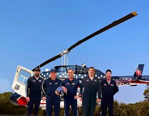 Five Air Evac Lifeteam crew members from Jesup, Ga., have earned their 1,000th flight wings. Pictured from the left are: Mario Rodriguez, Chad Lariscy, Rick Mallick, Matt Keanon and Ken Herrin. Air Evac Lifeteam Photo