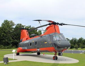 When the HH-46 Pedro on display outside the Havelock Tourist and Event Center in Havelock, North Carolina, was recently damaged in a vandalism incident, Fleet Readiness Center East artisans Thomas McKeel and Robert Waits were called in to repair the damage. Kimberly Koonce for FRCE Photo