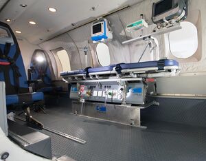 The medical equipped cabin of the AW609 can board up to five medical crew members and one patient on a stretcher. Leonardo Photo