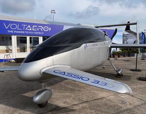 The No.1 Cassio 330 prototype is shown on VoltAero’s Paris Air Show exhibit stand at Le Bourget Airport — Credit: VoltAero
