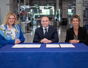 Katherine Bennett, CEO of HVM Catapult (left) sits with Lenny Brown, managing director of Airbus Helicopters in the U.K., and Delphine Allehaux, head of material and vehicles R&T, Airbus Helicopters. HVMC Photo