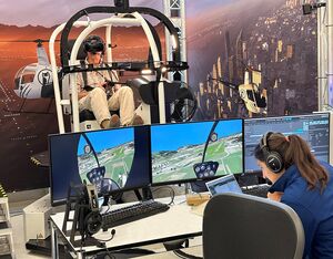 A pilot trains in the Loft Dynamics virtual reality simulator for Robinson R22 helicopters. Loft Dynamics Photo