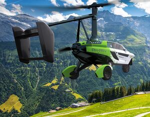 The world’s first flying car PAL-V Liberty flying in mountainous regions with PRIMUS AERO livery.
