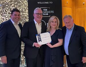 Alasdair Whyte (L) and Louisa Whyte, co-founders of Corporate Jet Investor, receive their certificate marking their admission to IBAC’s Industry Partners programme from the council’s Kurt Edwards and Leo Knappen. They received the certificate at CJI’s Dealmakers Dinner at EBACE 2023 - CJI Photo