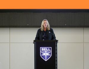 Lisa Atherton, president and CEO of Bell, speaks during a Veterans Day ceremony. Bell Photo