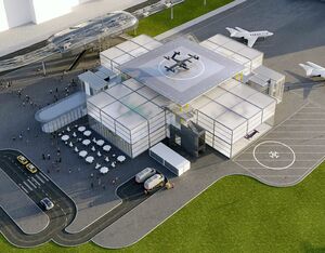An artist’s rendering of Urban-Air Port’s Next-Generation AirOne Vertiport at an airport location. Urban-Air Port