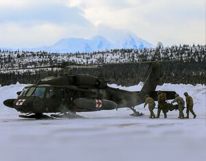 Soldiers assigned to Charlie Co., 1-52 General Support Aviation Battalion, conduct a MEDEVAC rehearsal near Fort Greely, Alaska, March 8, 2022. Maj Jason Welch Photo