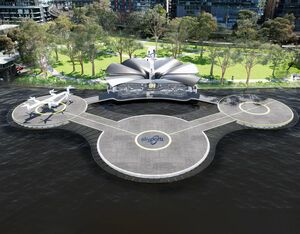Skyportz said its waterfront vertiport concept can be used as a multimodal hub for electric scooters, bikes, ferries and boats. Skyportz Photo