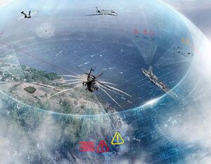 An artists’ image shows multiple military helicopters detecting threats and protecting themselves with countermeasures.