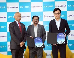 Signing ceremony at Cyient headquarters in Hyderabad between Founder Chairman and Board Member of Cyient, BVR Reddy, Executive Director & CEO of Cyient, Karthikeyan Natarajan, and SkyDrive CEO, Tomohiro Fukuzawa
