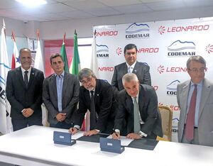 Executives from Leonardo and Codemar pictured during a signing ceremony for the joint venture between the two companies. Leonardo Photo