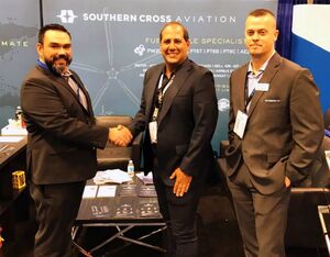 From left: Carl Marquez, business development manager, Extex; Ricardo Carvalho, director of sales, Southern Cross Aviation; and Reid Selover, sales and business development manager, Extex, celebrate the new partnership. Extex Photo