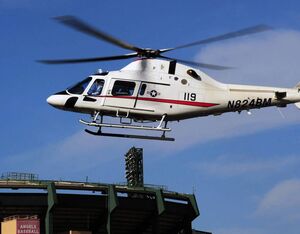 The Leonardo TH-119 hovers in front of Angels Stadium in Anaheim, California. Photo by Skip Robinson