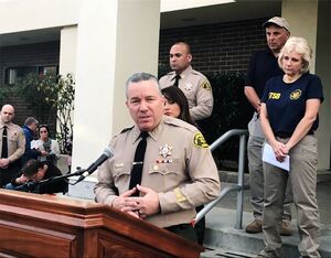 L.A. County Sheriff Alex Villanueva speaks at a Monday press conference about the helicopter crash that killed Kobe Bryant, with the NTSB’s Jennifer Homendy standing behind him. LASD Photo