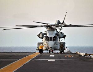 The CH-53K King Stallion prepares to take off from the deck of the USS Wasp (LHD) at sea during its first sea trials. U.S. Navy Photo