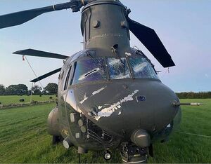 A photo posted by Scramble Magazine to Facebook shows the RAF Chinook where it landed on a Welsh farm after striking a wire.